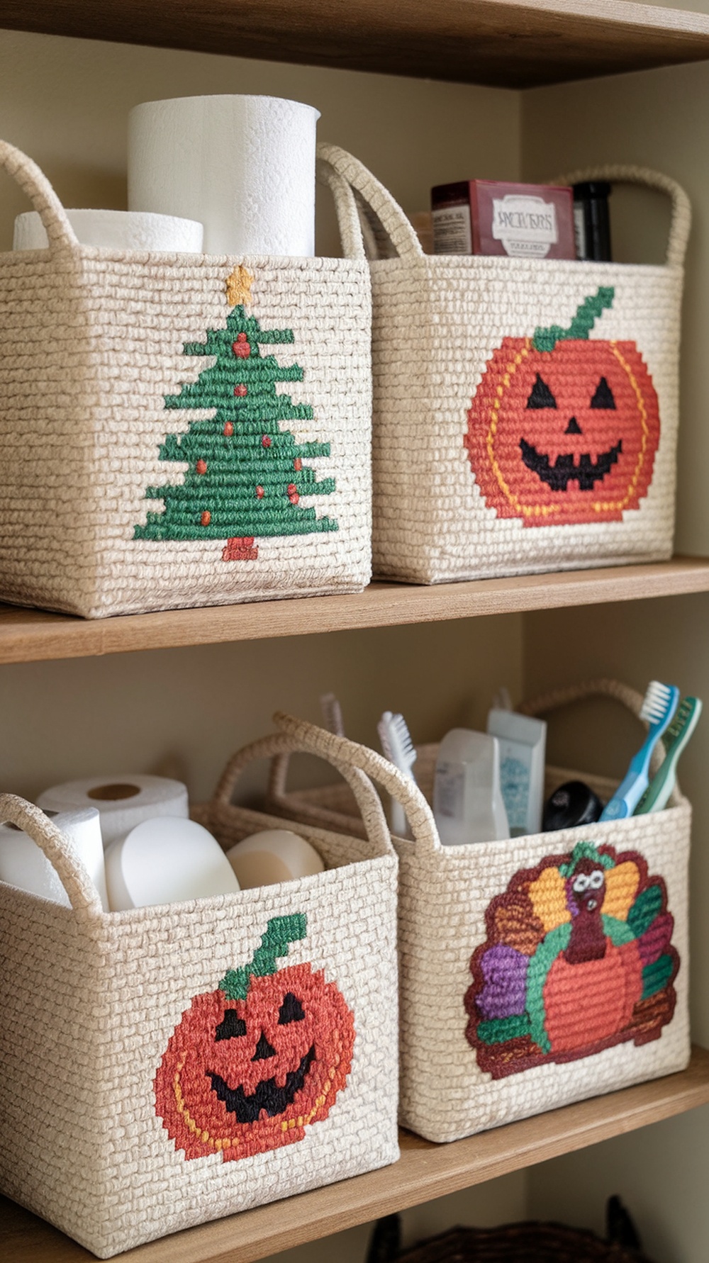 Woven storage baskets with Christmas and Halloween designs on a shelf