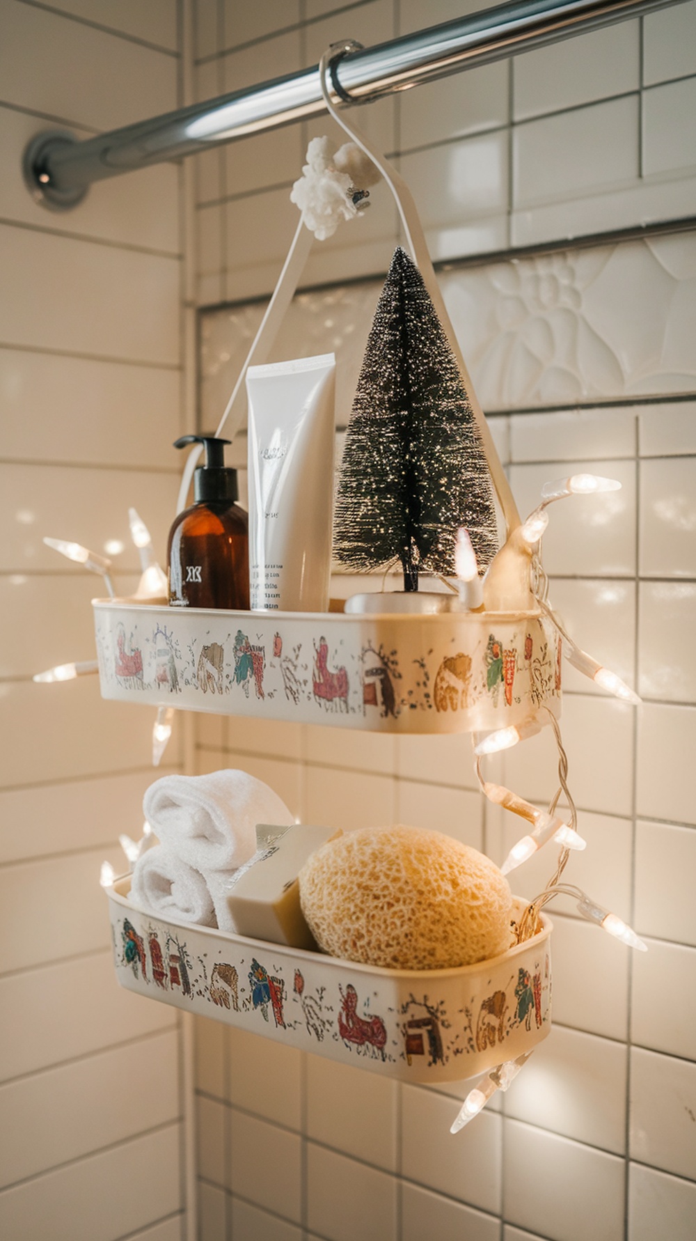 A holiday-themed shower caddy with festive decorations, including a small Christmas tree and twinkling lights, holding bath essentials.