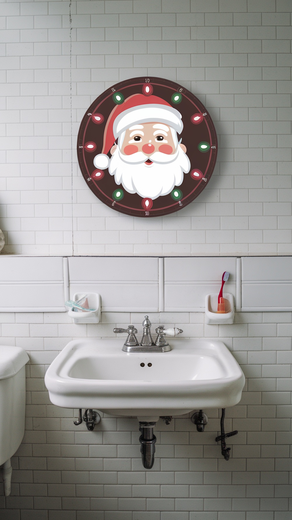 A cute holiday-themed wall clock featuring Santa