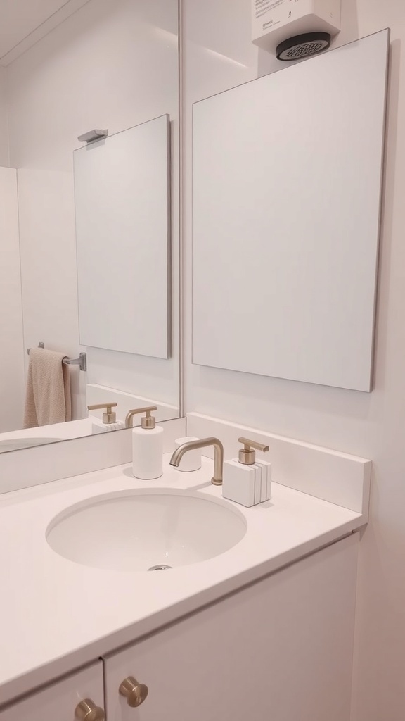 Minimalist bathroom countertop with a sink, faucet, and neatly arranged soap dispenser.