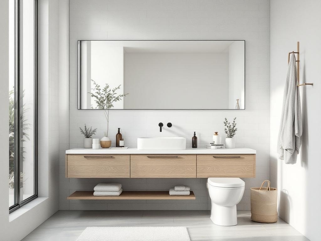 A minimalist bathroom featuring a large mirror, wooden vanity, and natural decor.