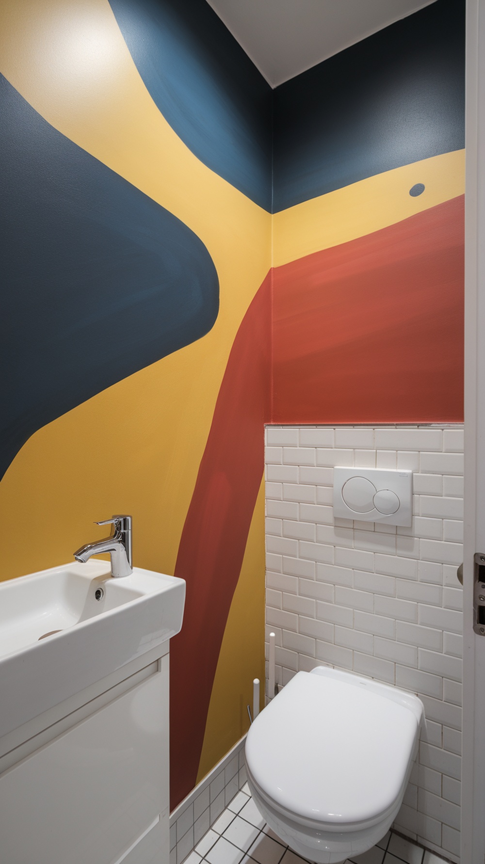 15 Funky Small Bathroom Ideas on a Budget with Must-Have Amazon Decor Finds A small bathroom featuring a colorful DIY accent wall with bold shapes in blue, yellow, and red.