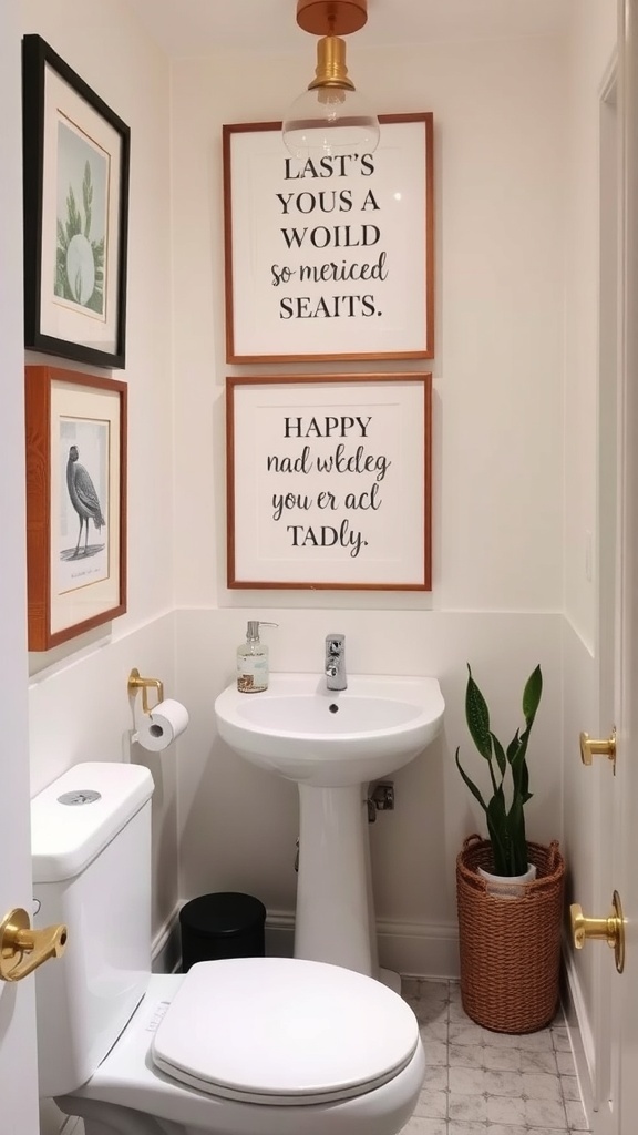 15 Creative Ways to Decorate a Small Bathroom on a Budget A small bathroom featuring DIY wall art with framed quotes and illustrations.