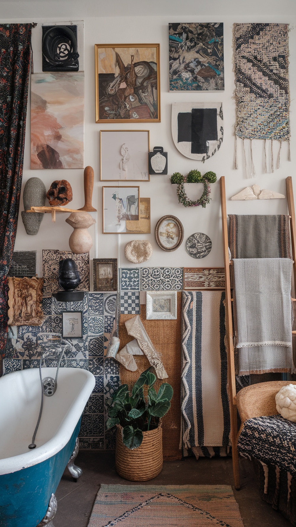 10 Boho Bathroom Decor Ideas for a Relaxed and Artistic Oasis A boho bathroom with eclectic art and wall decor, featuring a mix of paintings, woven textiles, and a potted plant.