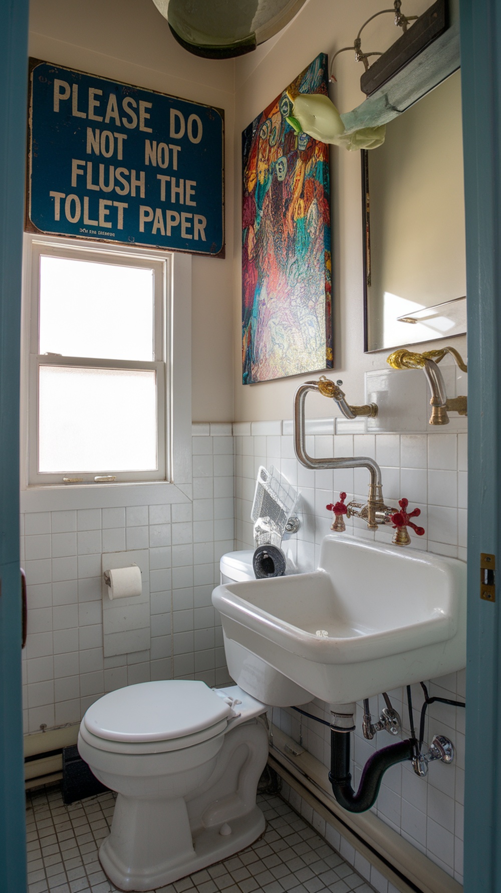 15 Small Funky Bathroom Ideas to Transform Your Space Instantly A small bathroom featuring a humorous blue sign, colorful artwork, vintage sink, and unique faucet handles.