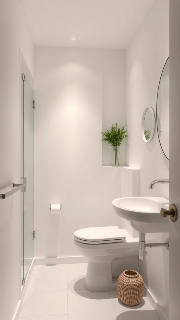 A minimalist bathroom with a white color scheme, a small plant, and simple fixtures.