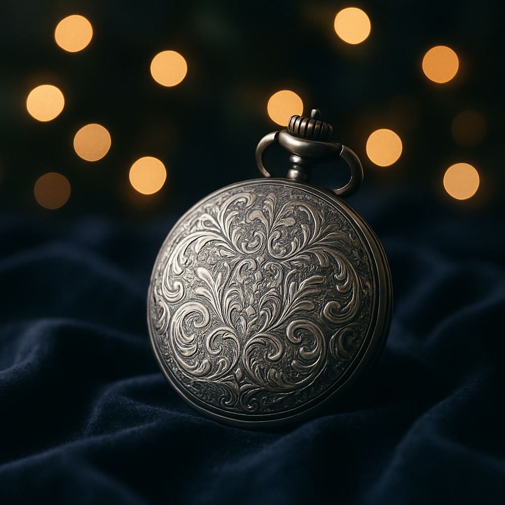 A beautifully engraved pocket watch with intricate designs, resting on a soft surface with warm bokeh lights in the background.