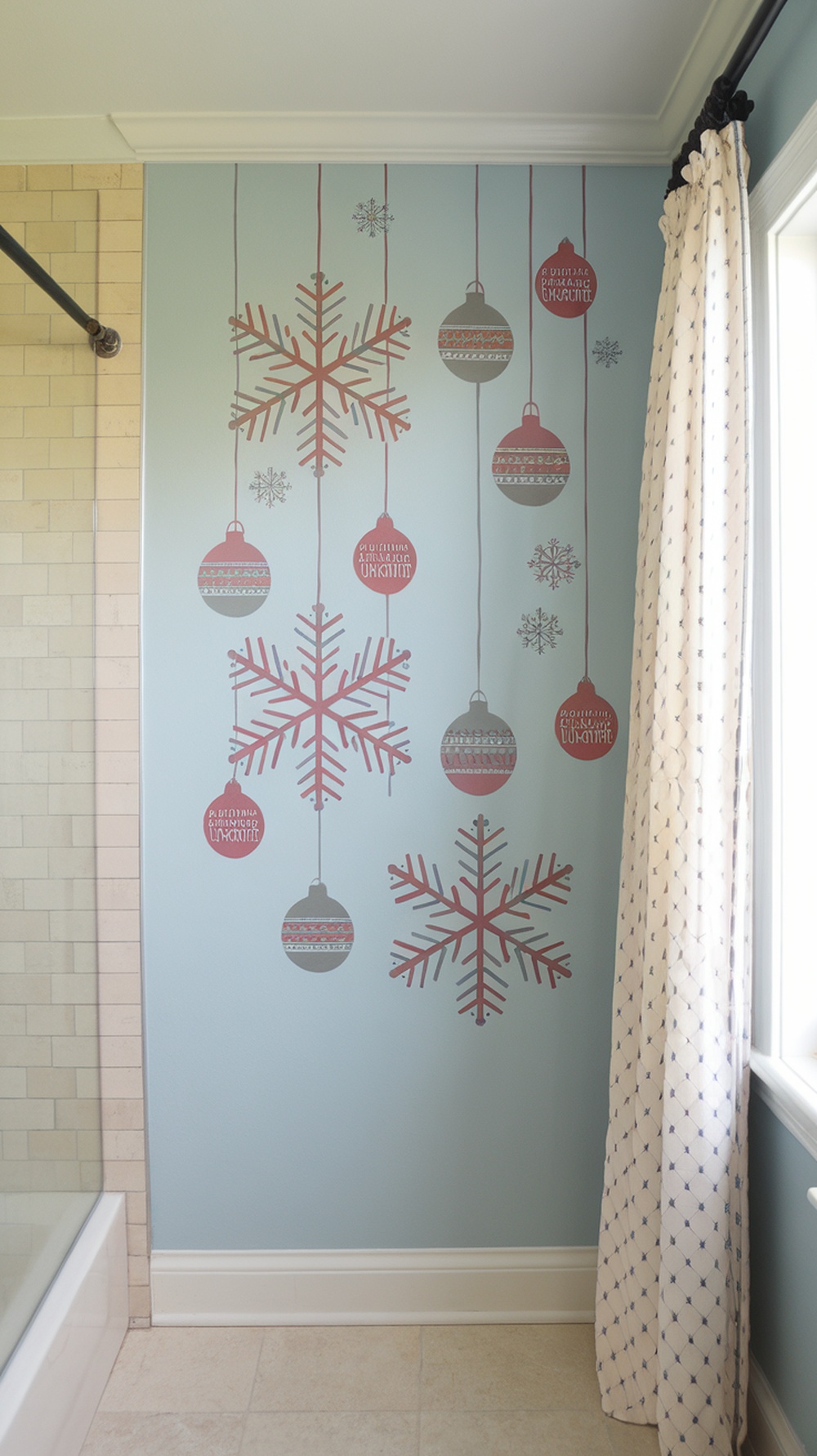 Festive wall decals in a bathroom featuring snowflakes and ornaments.