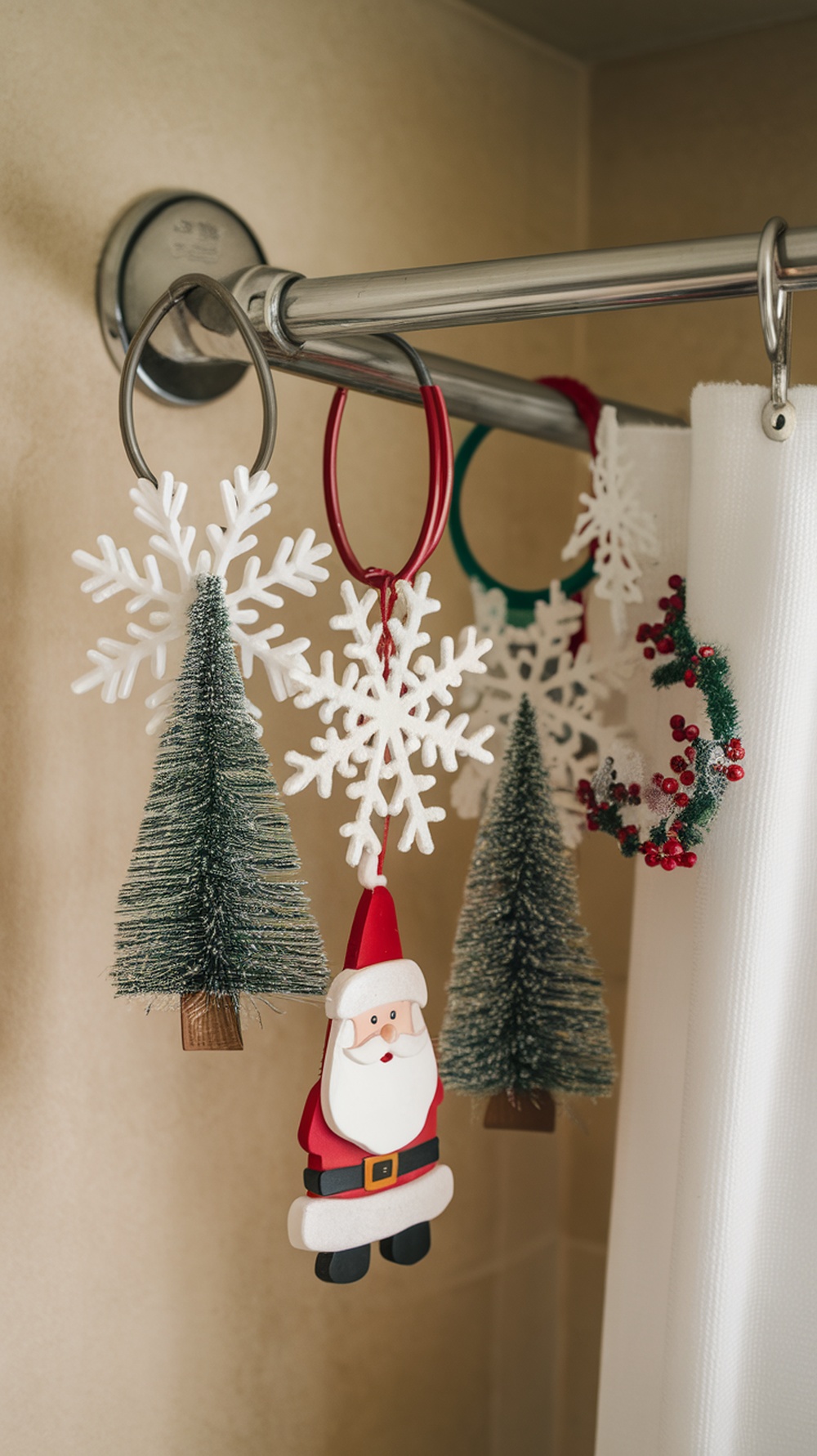 Colorful holiday-themed shower curtain rings featuring snowflakes, Christmas trees, and a Santa figure.