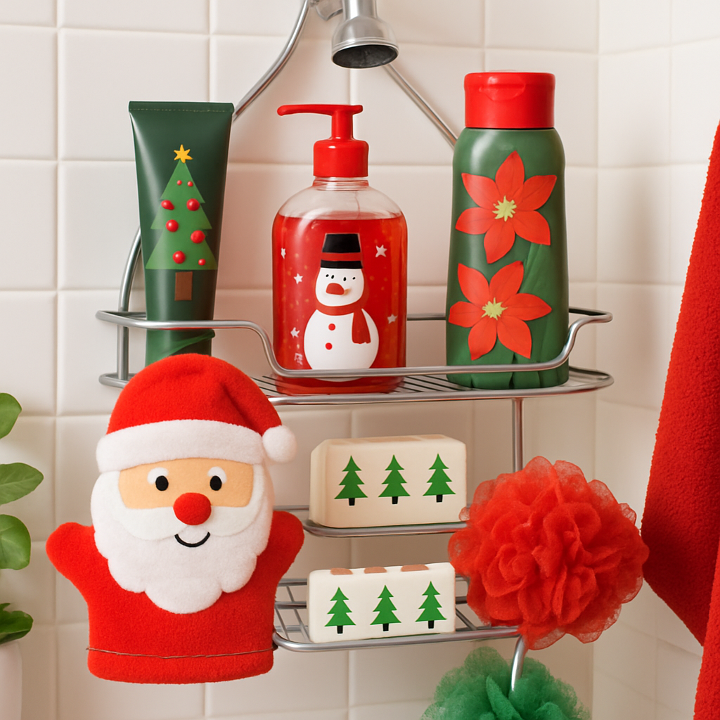 A festive shower caddy decorated with Christmas-themed soap dispensers, washcloths, and bath accessories.