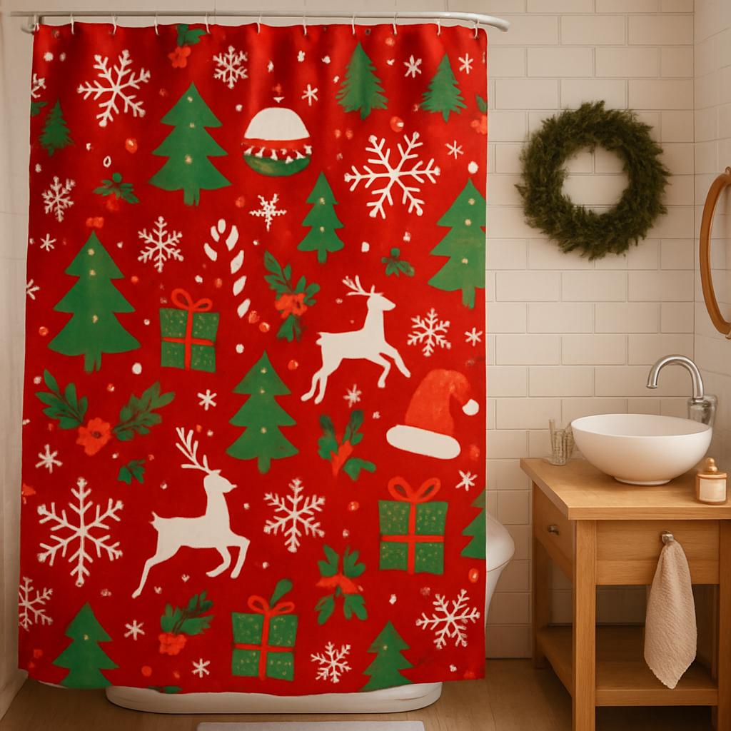 A festive shower curtain with Christmas designs including reindeer, trees, and snowflakes.