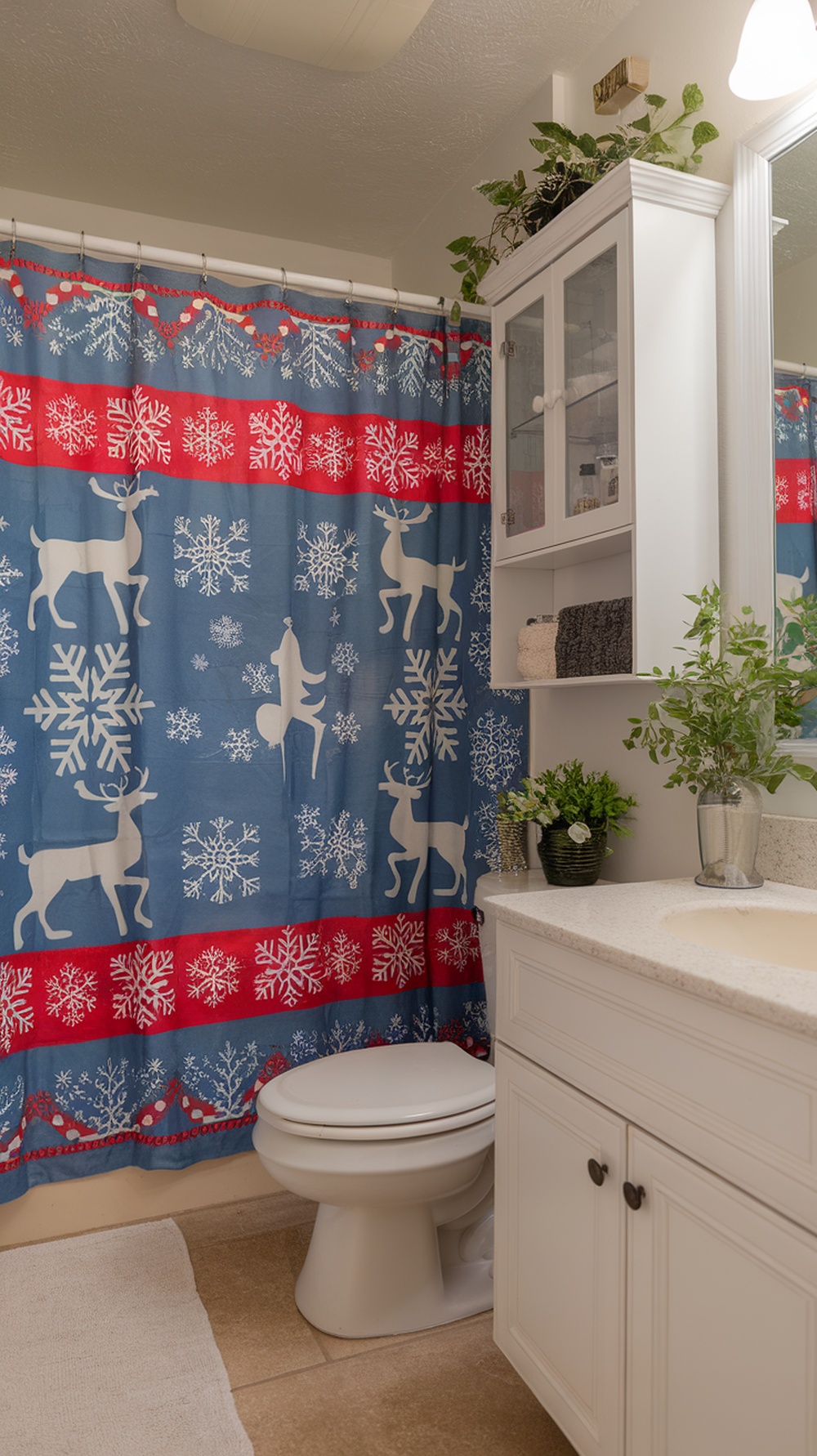 A festive shower curtain with reindeer and snowflakes in a bathroom setting.