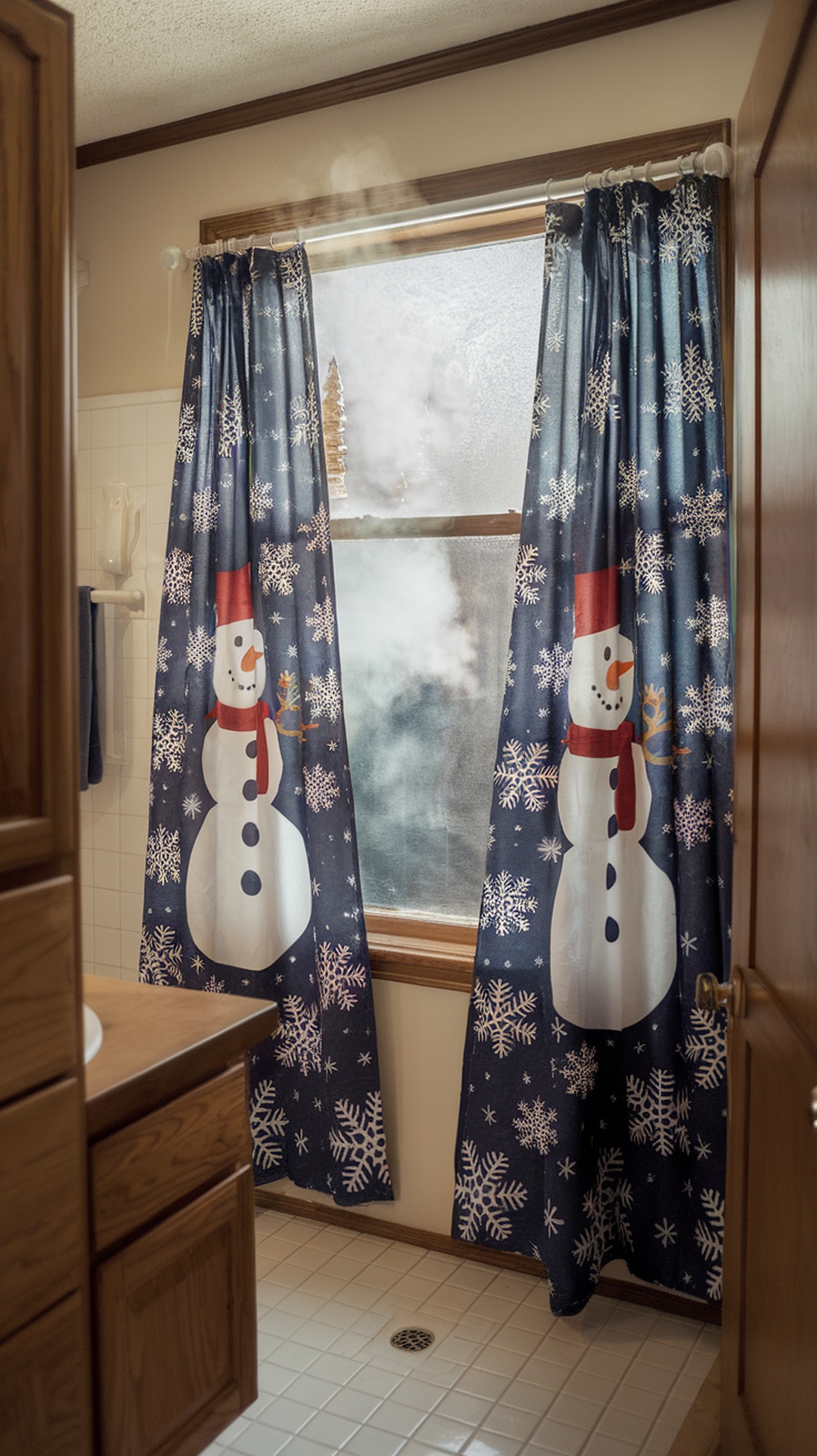 A bathroom with snowman-themed curtains and a foggy window