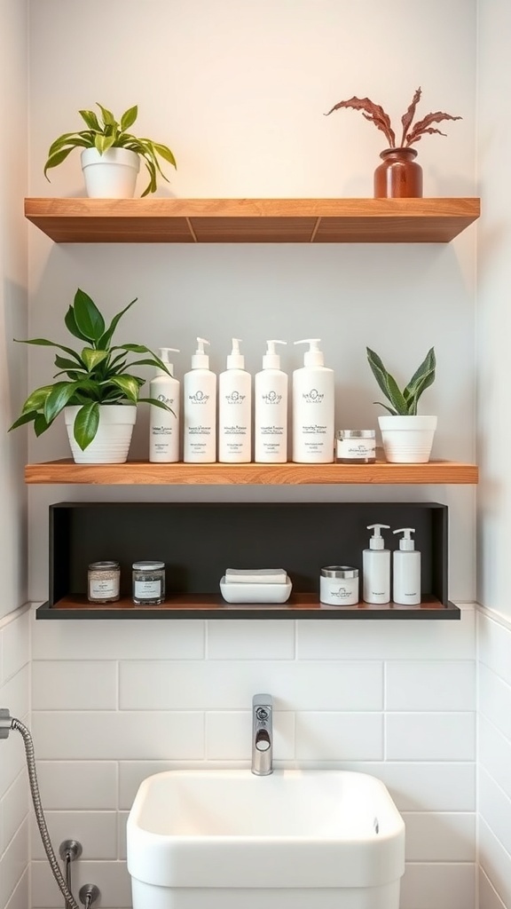 A minimalist bathroom featuring two floating shelves with plants and neatly arranged toiletries.