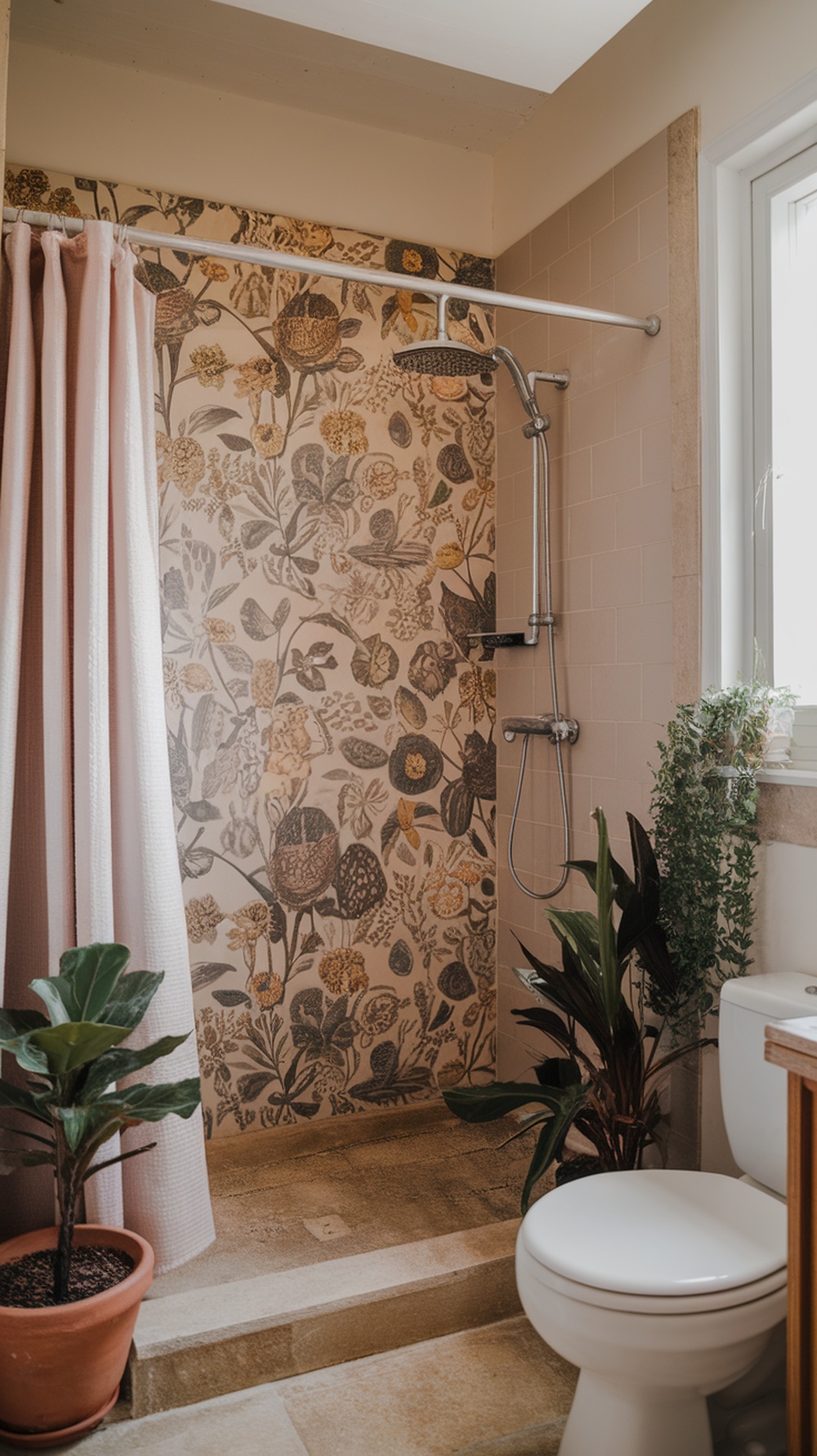 A small bathroom featuring floral patterned tiles in the shower area, with a pink shower curtain and potted plants.