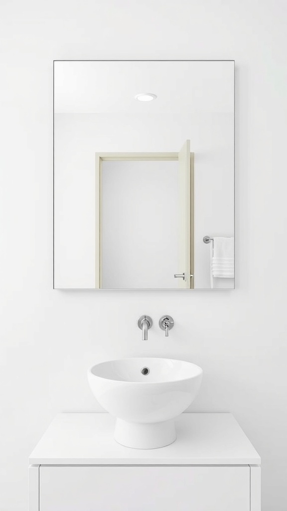 A minimalist bathroom featuring a frameless mirror above a modern sink.