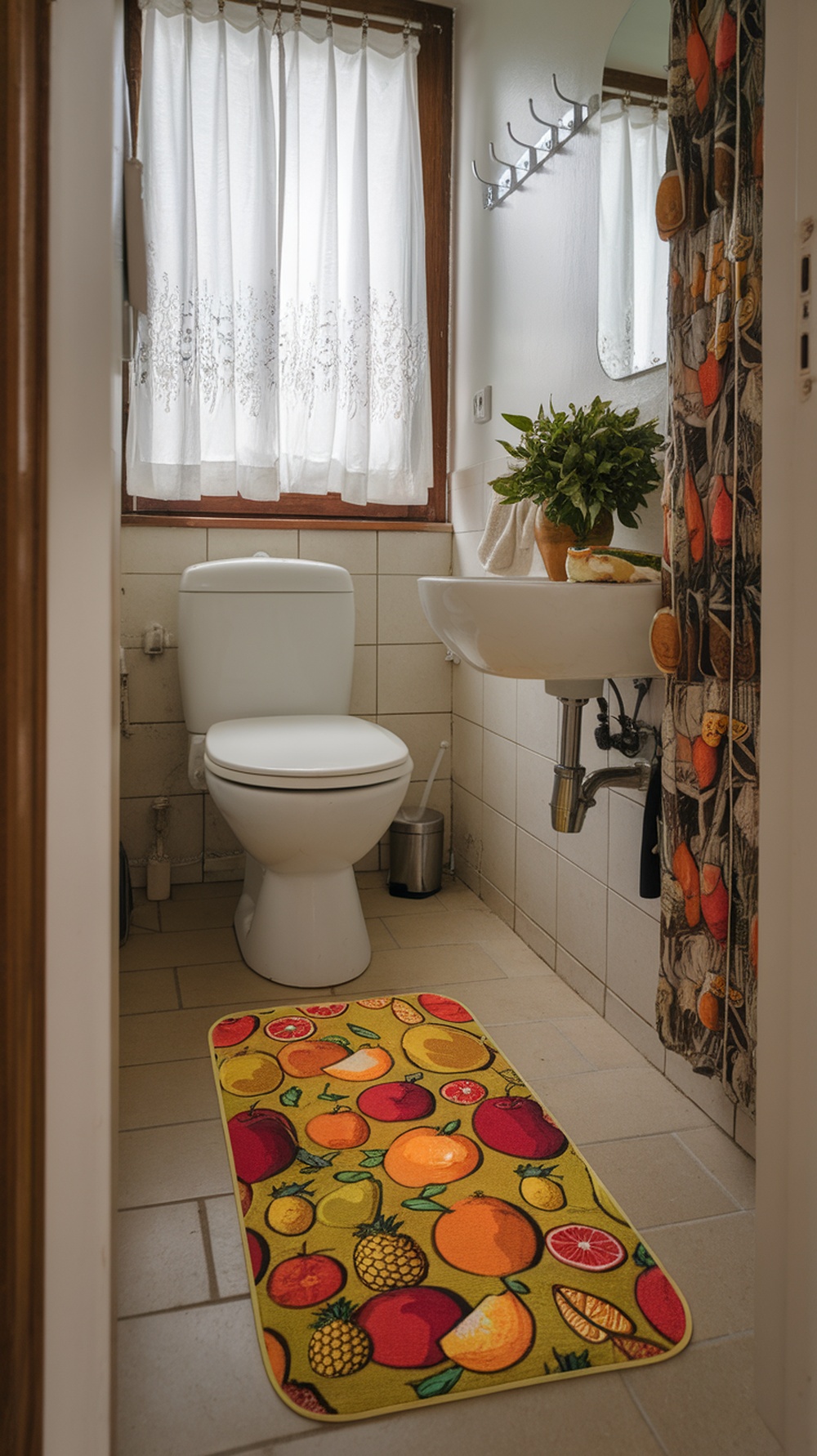 15 Small Funky Bathroom Ideas to Transform Your Space Instantly A colorful bath mat with fruit designs in a small bathroom setting.