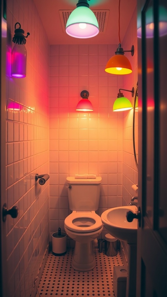 Colorful pendant lights in a small bathroom, creating a playful atmosphere.