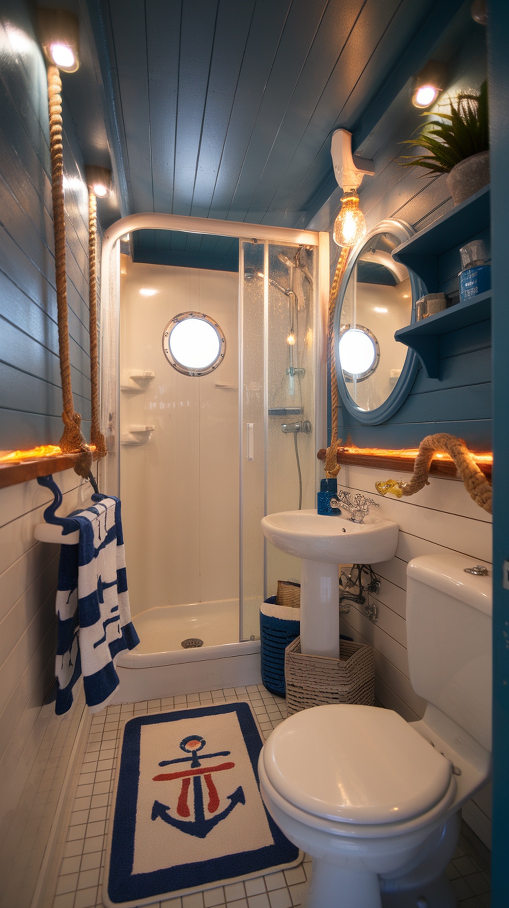 15 Funky Small Bathroom Ideas on a Budget with Must-Have Amazon Decor Finds Small bathroom with nautical theme decor, featuring blue walls, anchor rug, and striped towels.