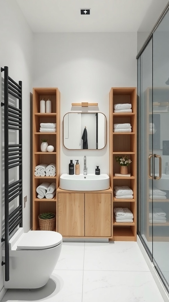 Minimalist bathroom with wooden storage shelves, round mirror, and neatly arranged towels.