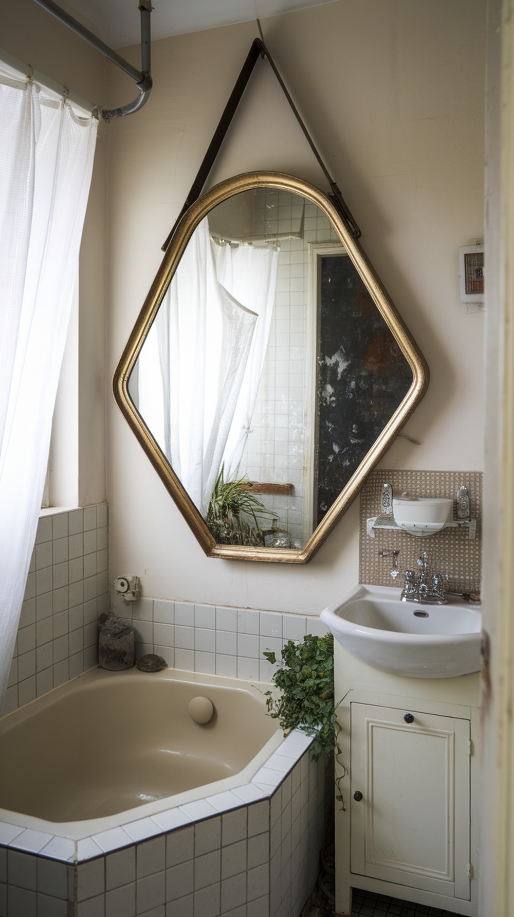 15 Small Funky Bathroom Ideas to Transform Your Space Instantly A unique hexagon-shaped mirror with a vintage gold frame in a small bathroom setting.