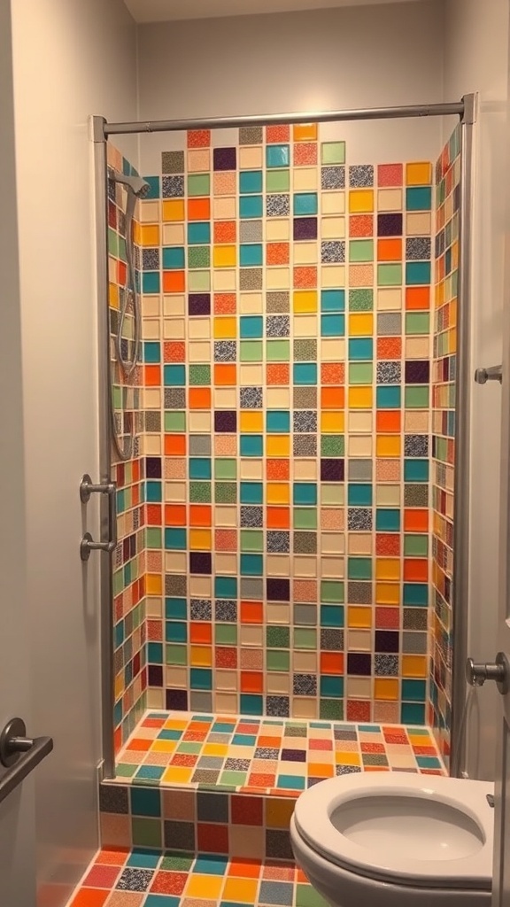 Colorful tiled shower area featuring a mix of vibrant patterns and colors.
