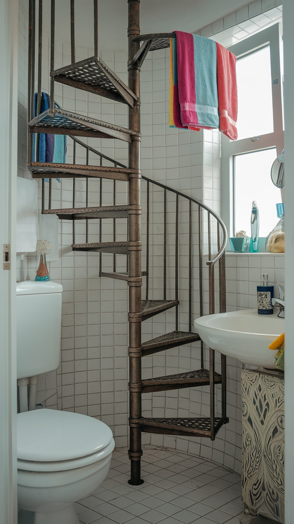 15 Funky Small Bathroom Ideas on a Budget with Must-Have Amazon Decor Finds A small bathroom featuring a spiral staircase and colorful towels hanging on a unique towel rack.