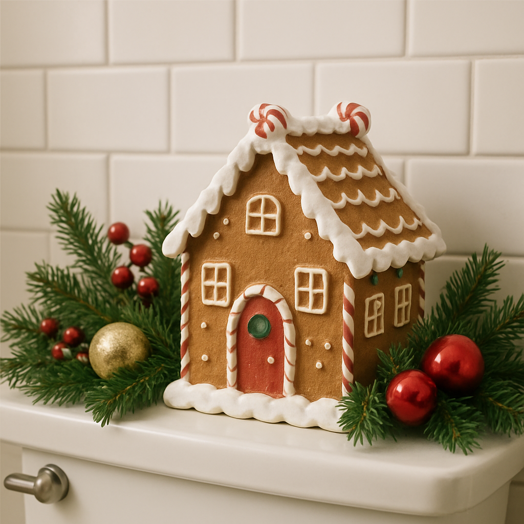 A decorative gingerbread house surrounded by greenery and ornaments on a bathroom counter.