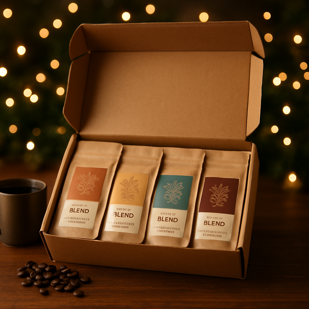 A gourmet coffee subscription box containing various coffee blends, with a cup of coffee and coffee beans on a wooden table.