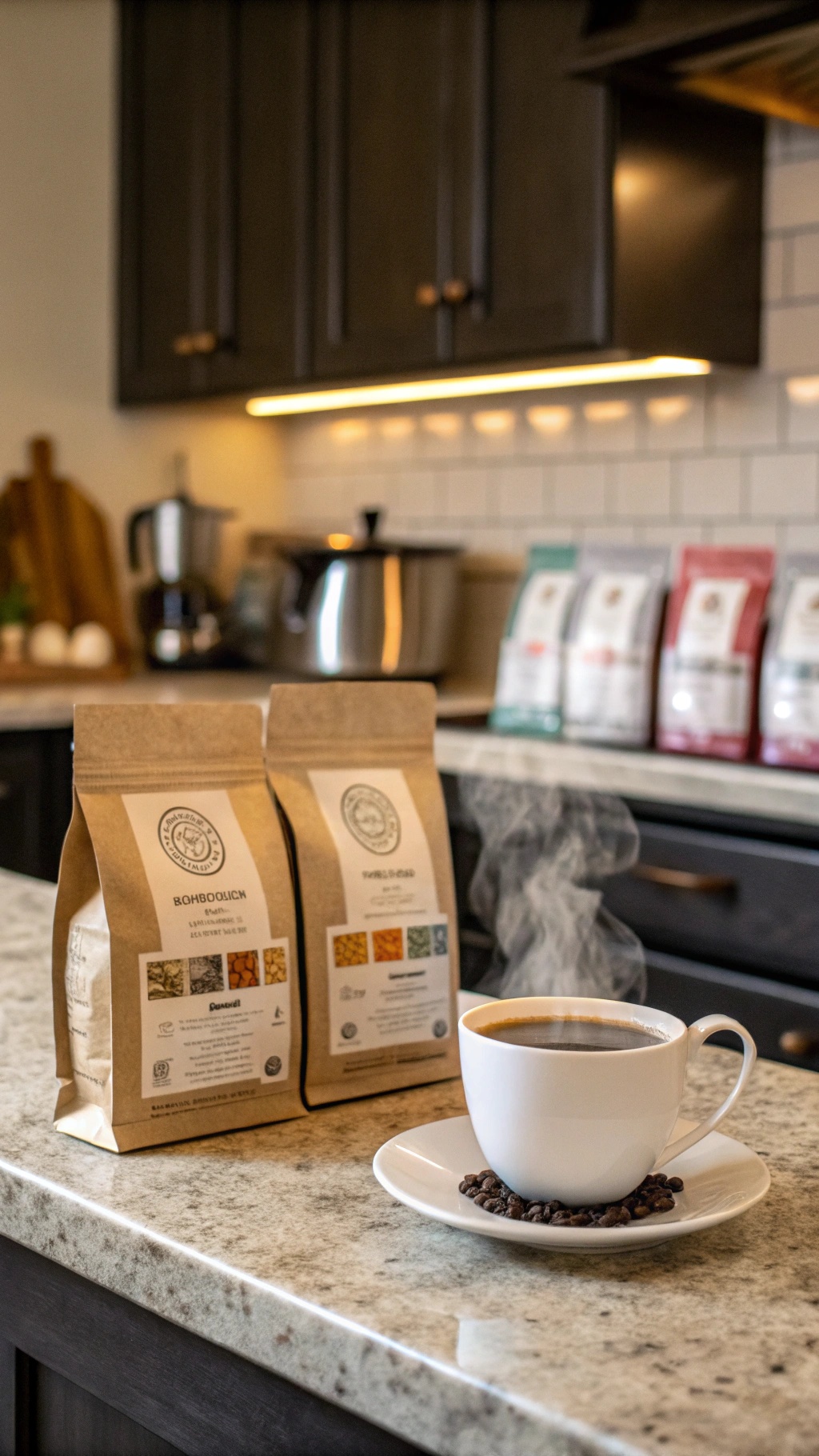 20 Thoughtful New Year's Gifts for Him A steaming cup of coffee with two bags of gourmet coffee on a kitchen countertop.