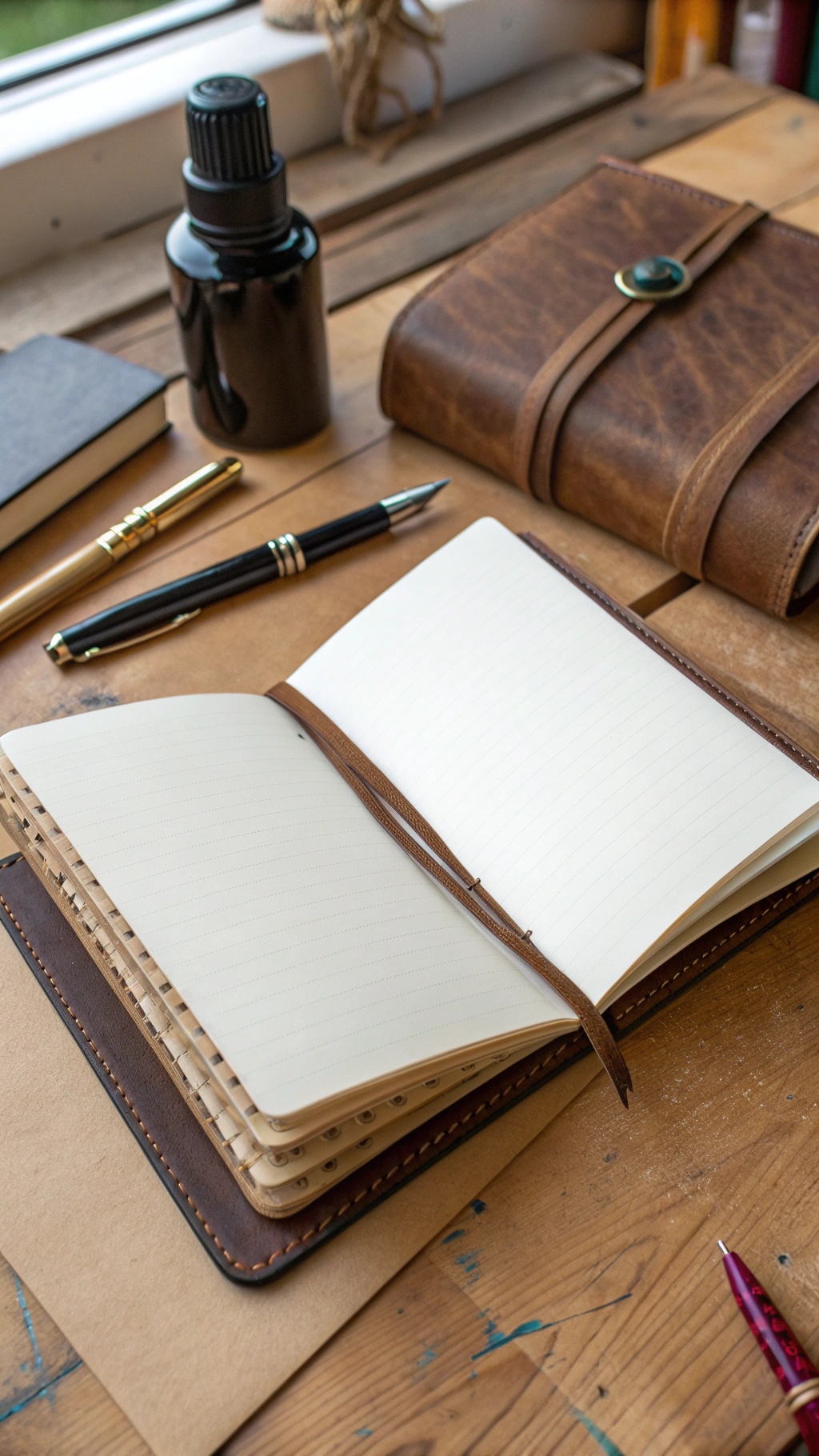 20 Thoughtful New Year's Gifts for Him Handcrafted leather journal open on a wooden table with a pen and ink bottle