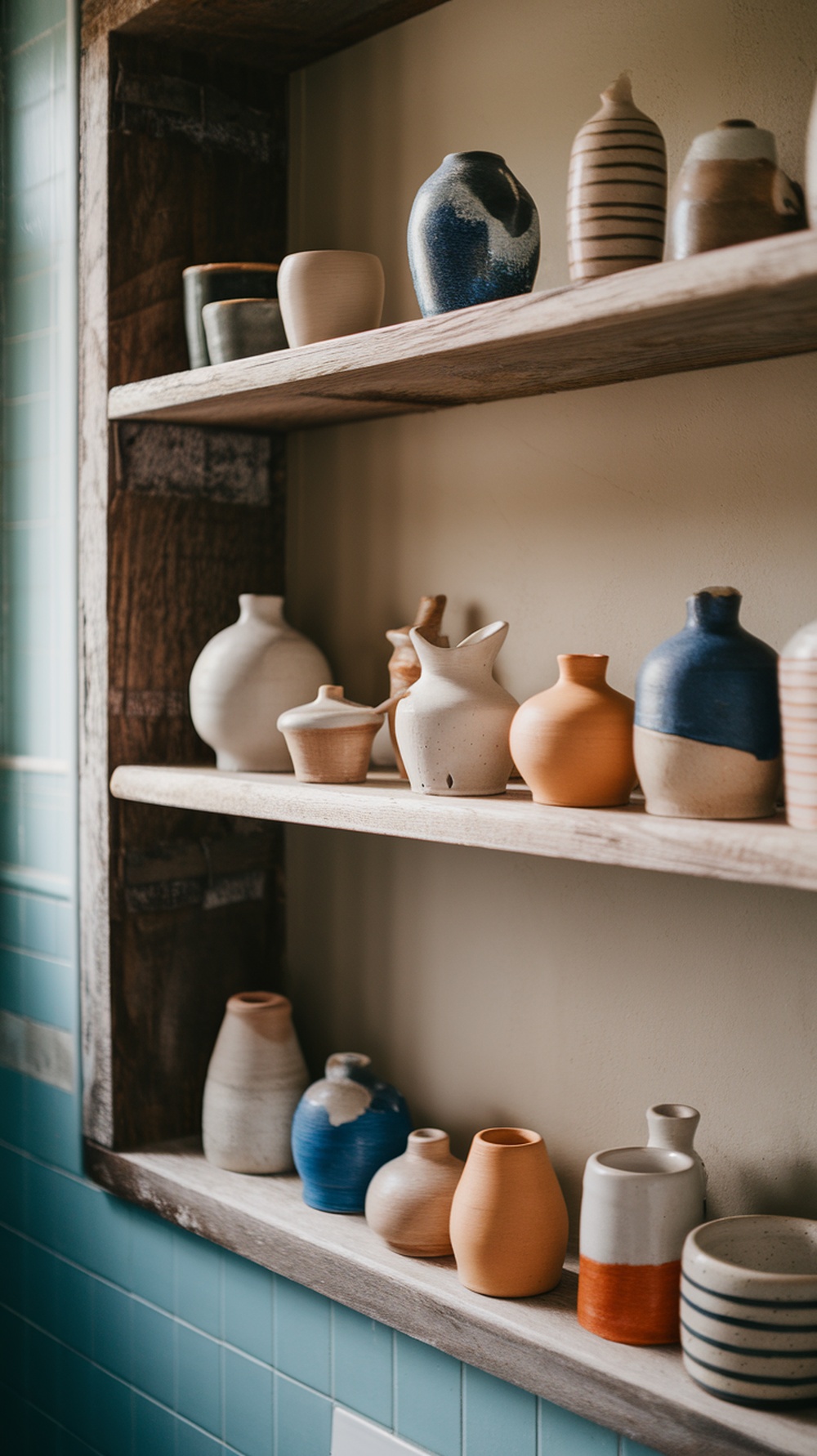 10 Boho Bathroom Decor Ideas for a Relaxed and Artistic Oasis A collection of handmade pottery displayed on wooden shelves in a bathroom
