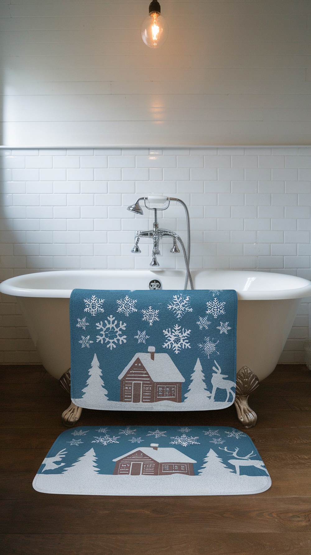 A holiday-themed shower mat with snowflakes and a cabin design in a bathroom setting.