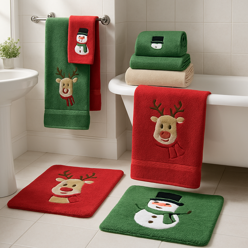 Colorful Christmas-themed towels and mats in a bathroom setting