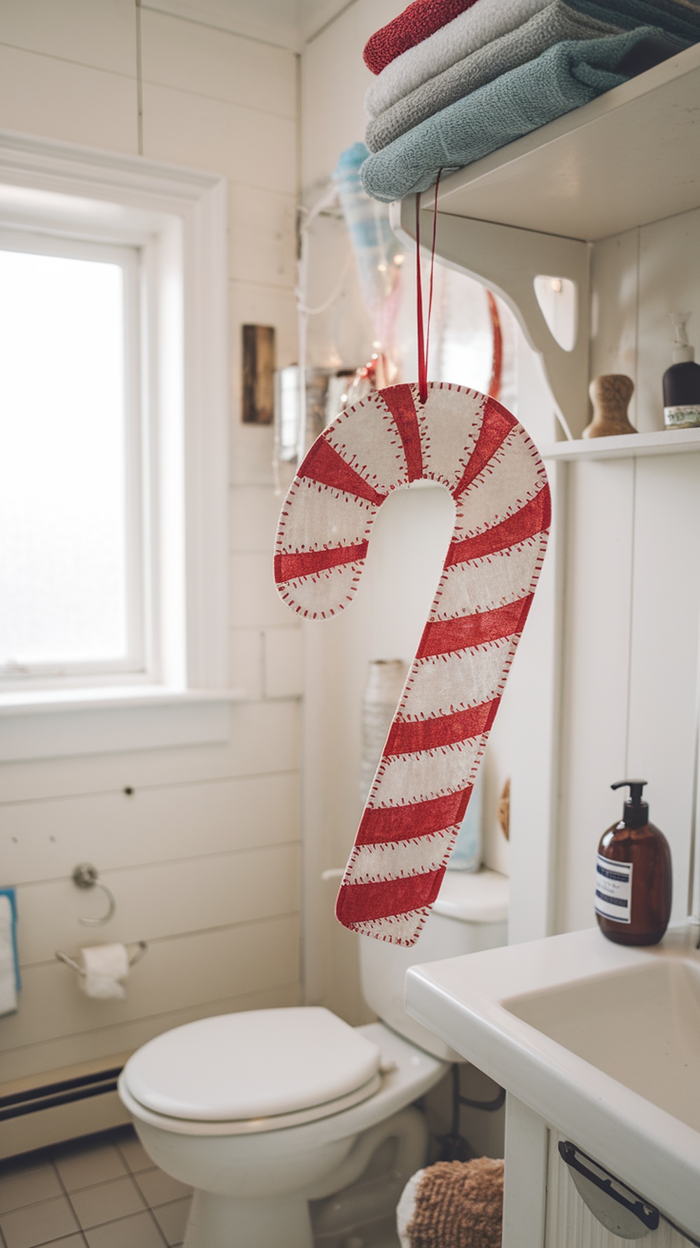 A cozy bathroom with a candy cane decoration and neatly arranged towels.
