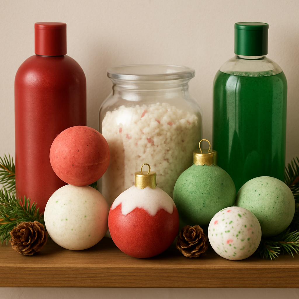 A collection of holiday-themed bath products, including colorful bottles and bath bombs shaped like ornaments, displayed on a wooden shelf.