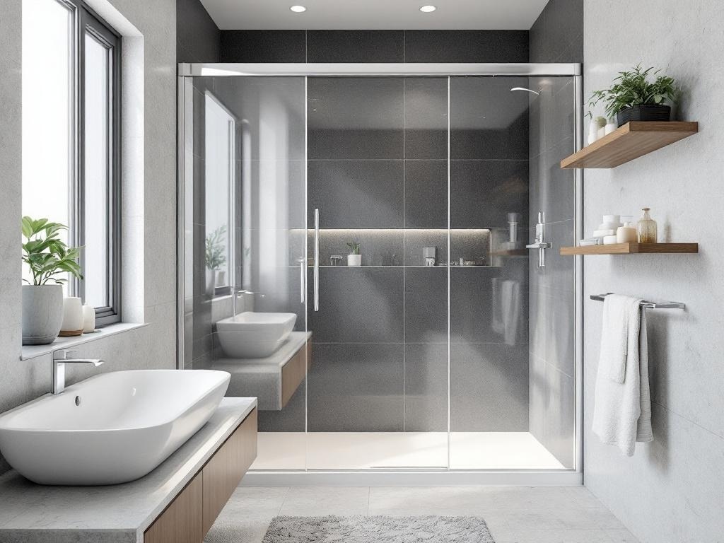 Modern bathroom with glass shower enclosure, large windows, and minimalistic design.