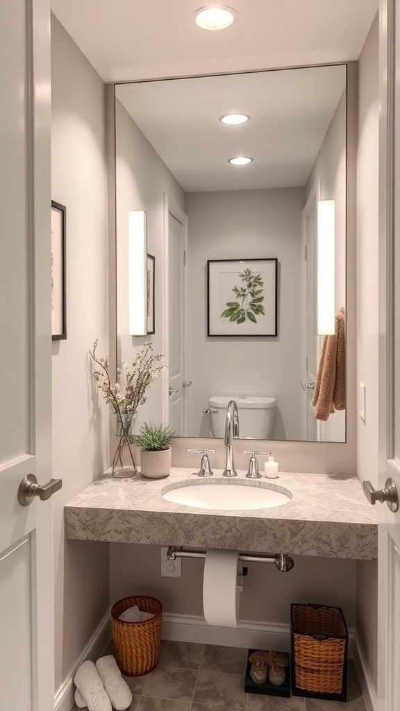A small bathroom featuring a large mirror above the sink, enhancing the illusion of space.