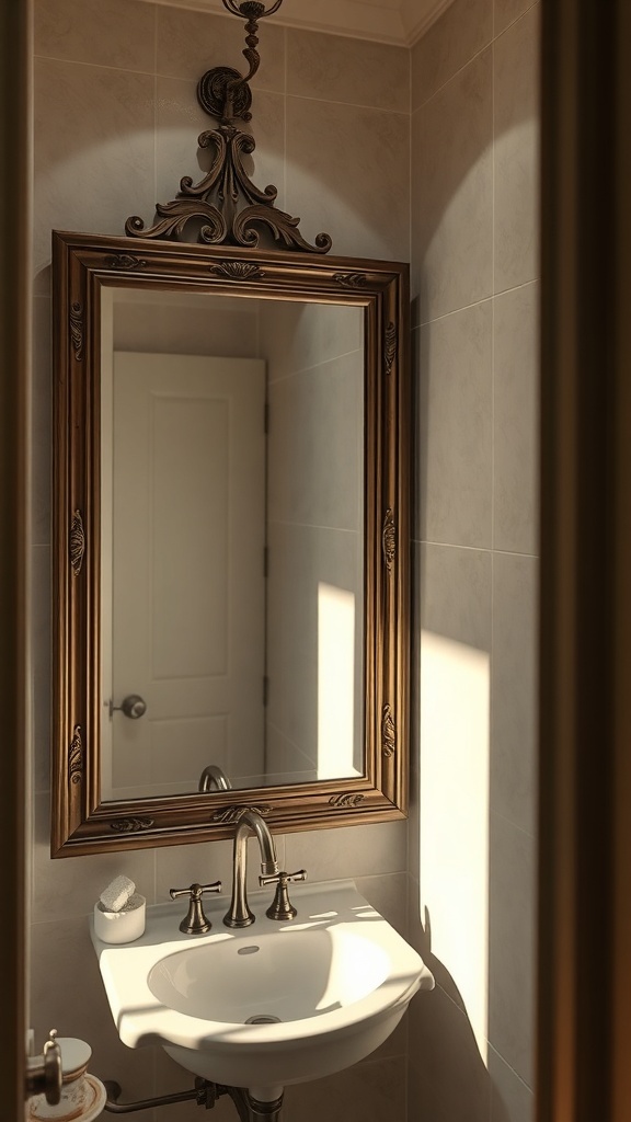 15 Creative Ways to Decorate a Small Bathroom on a Budget A stylish mirror in a small bathroom reflecting light and creating a sense of space.