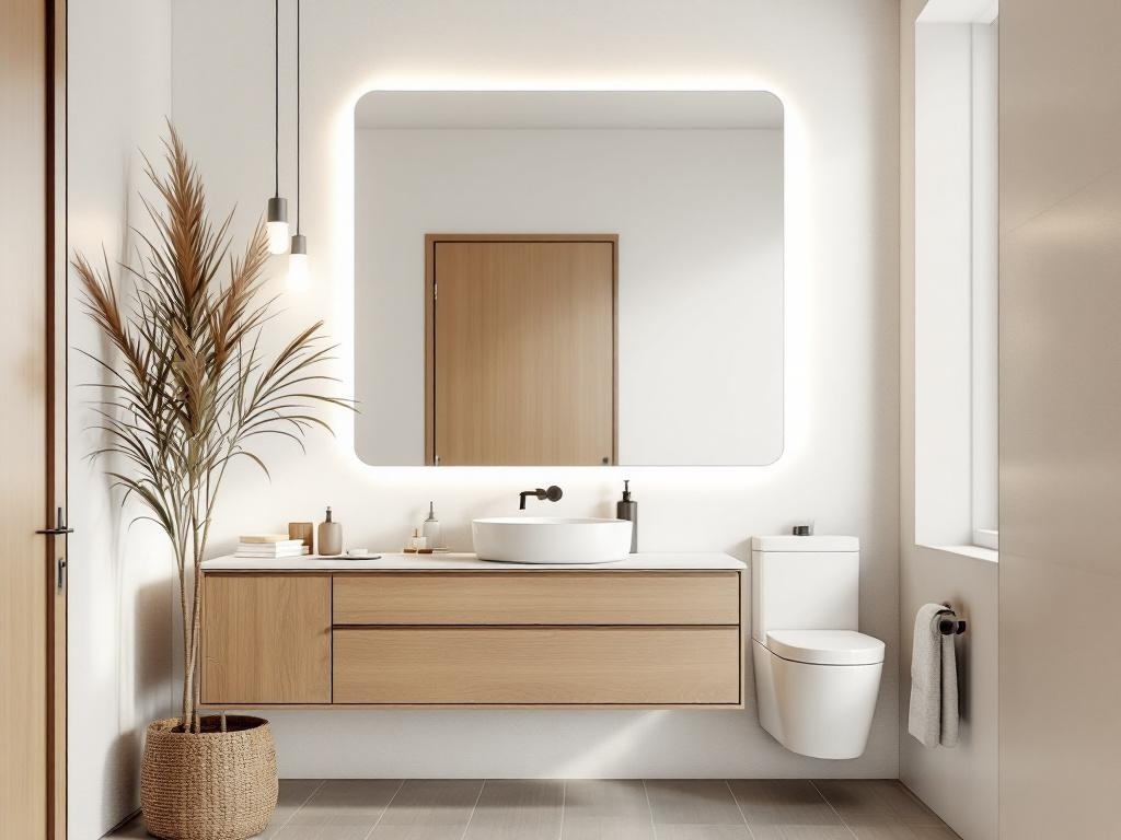 A modern bathroom featuring a large illuminated mirror, wooden cabinetry, and a plant.