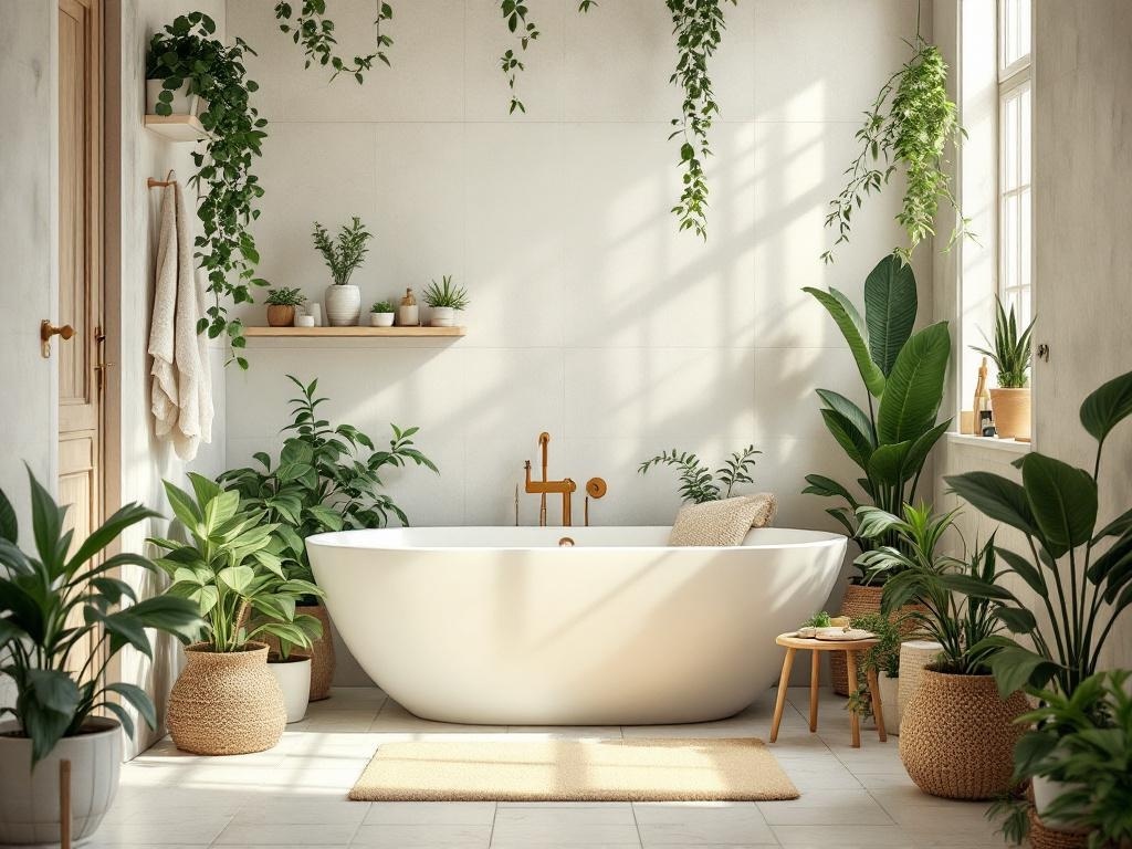 A bright bathroom featuring a white bathtub surrounded by various indoor plants, with natural light streaming through a window.