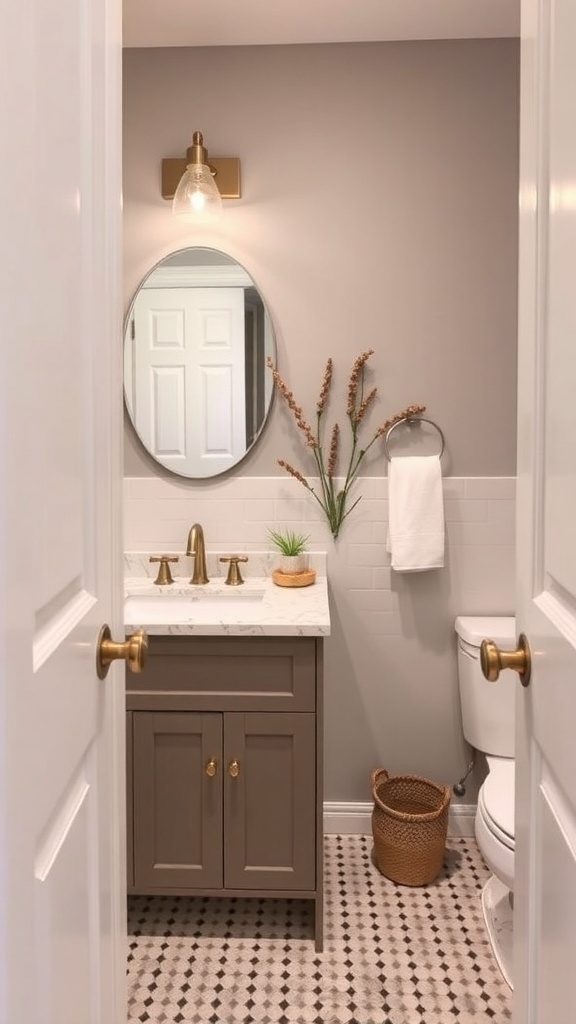 15 Creative Ways to Decorate a Small Bathroom on a Budget A small bathroom featuring stylish hardware, including a round mirror, elegant faucet, and decorative cabinet knobs.
