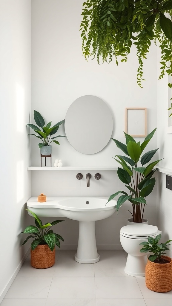 Minimalist bathroom with indoor plants, featuring a hanging plant and potted plants on the floor.