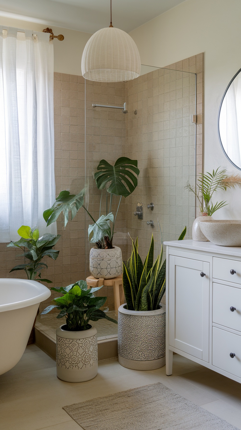 10 Boho Bathroom Decor Ideas for a Relaxed and Artistic Oasis A stylish bathroom featuring various indoor plants in decorative pots, enhancing the boho decor.