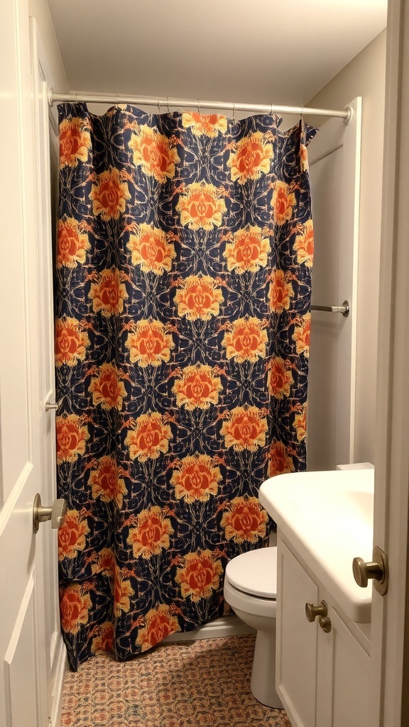 A vibrant floral shower curtain in a small bathroom setting.
