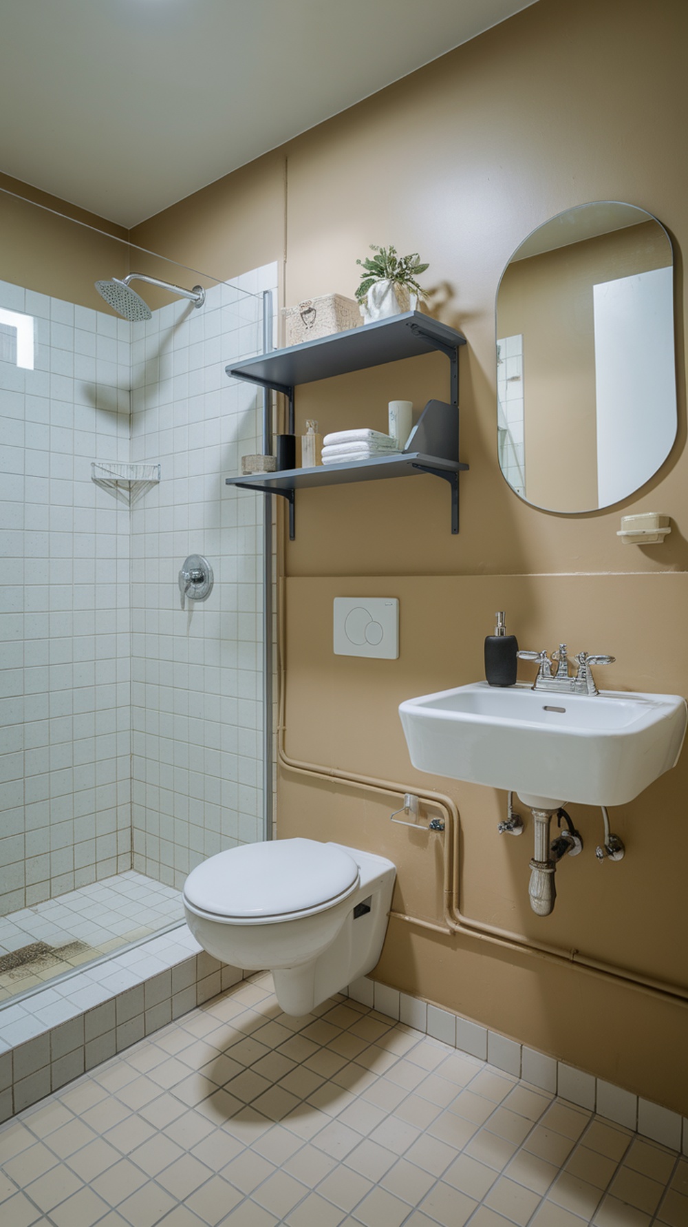 15 Funky Small Bathroom Ideas on a Budget with Must-Have Amazon Decor Finds A small bathroom featuring a compact sink, wall-mounted shelves, and a shower, showcasing innovative space utilization.