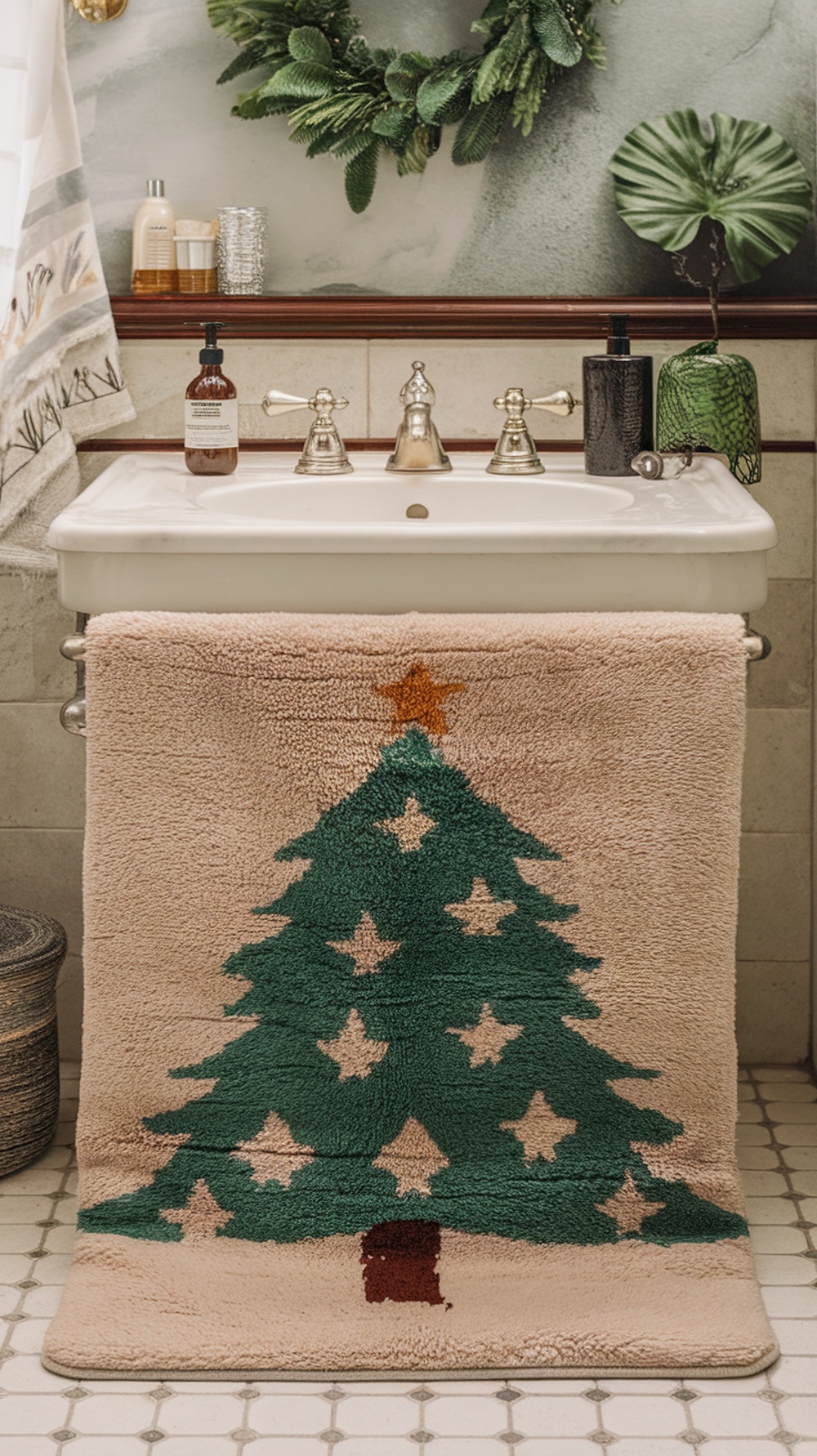 A cozy bathroom rug featuring a green Christmas tree with golden stars, placed in front of a sink.