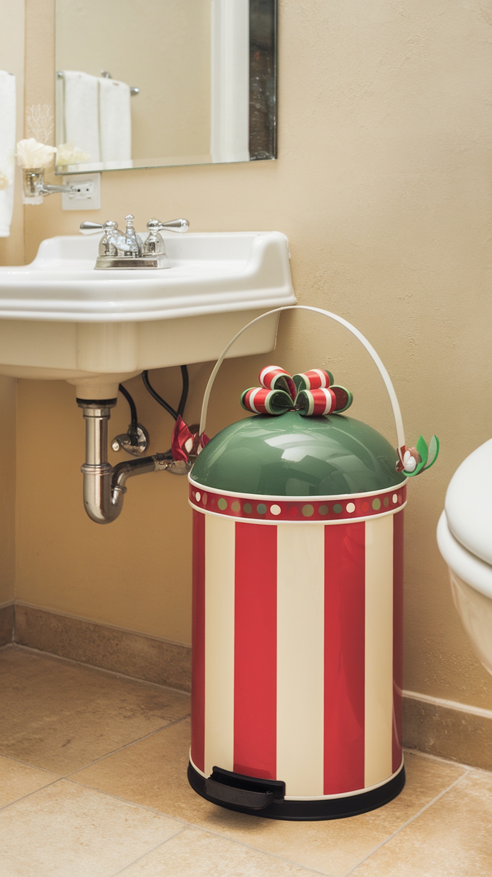 A Christmas-themed trash can with red and white stripes and a green lid, decorated with a bow, placed in a bathroom.