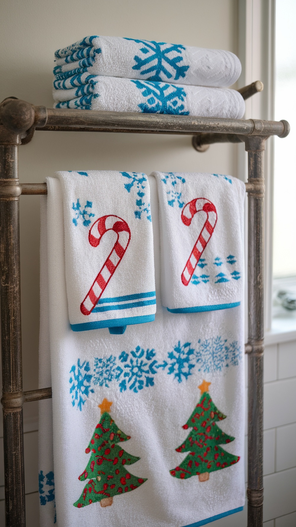 Festive holiday bath towels featuring candy canes and Christmas trees, displayed on a towel rack.