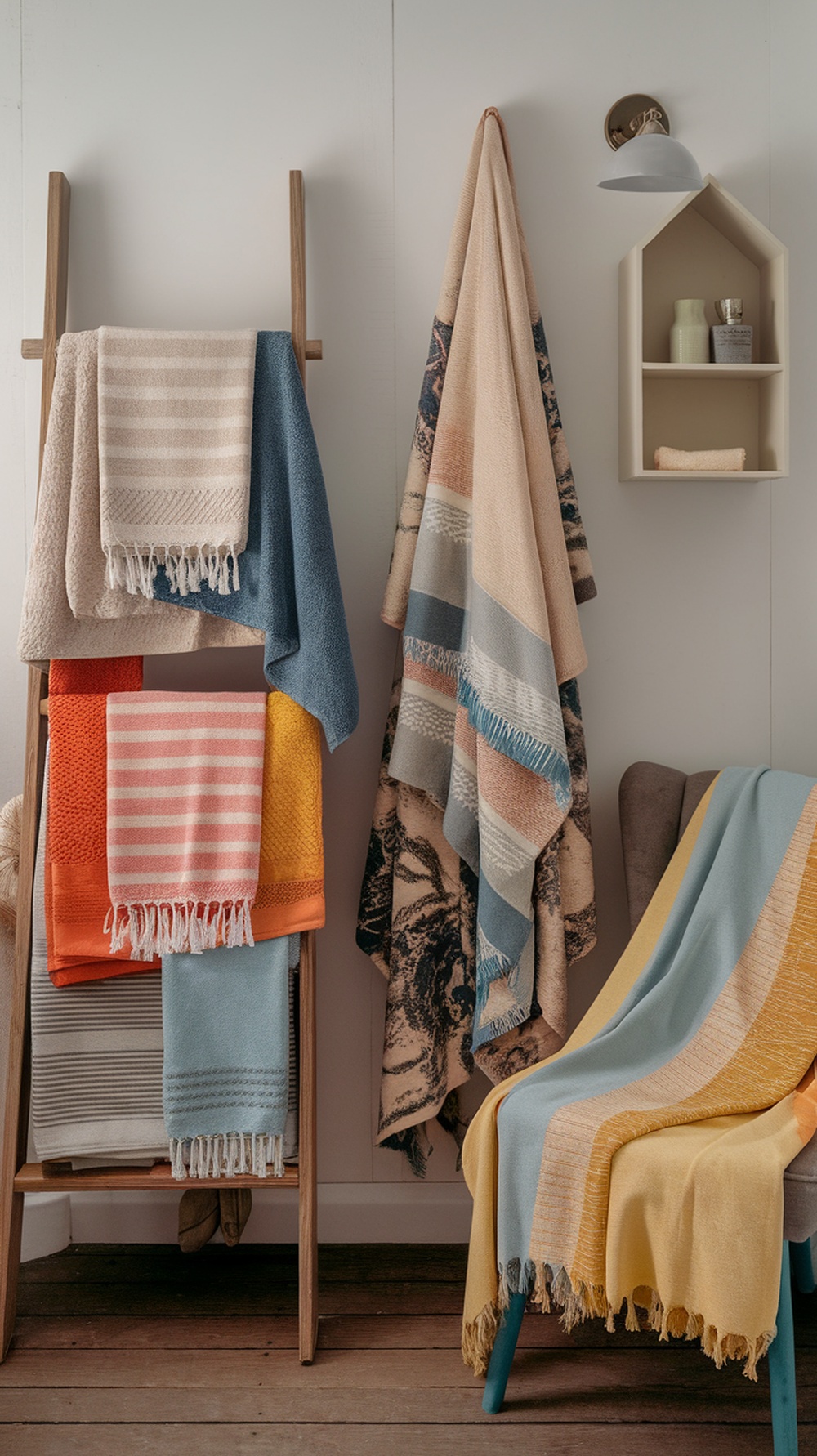 10 Boho Bathroom Decor Ideas for a Relaxed and Artistic Oasis A collection of layered towels and throws in various colors displayed on a wooden rack and a chair in a bathroom setting.